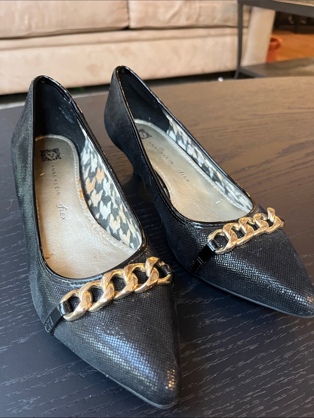 Anne Klein Black Pointed-Toe Heels with Gold Chain Trim
